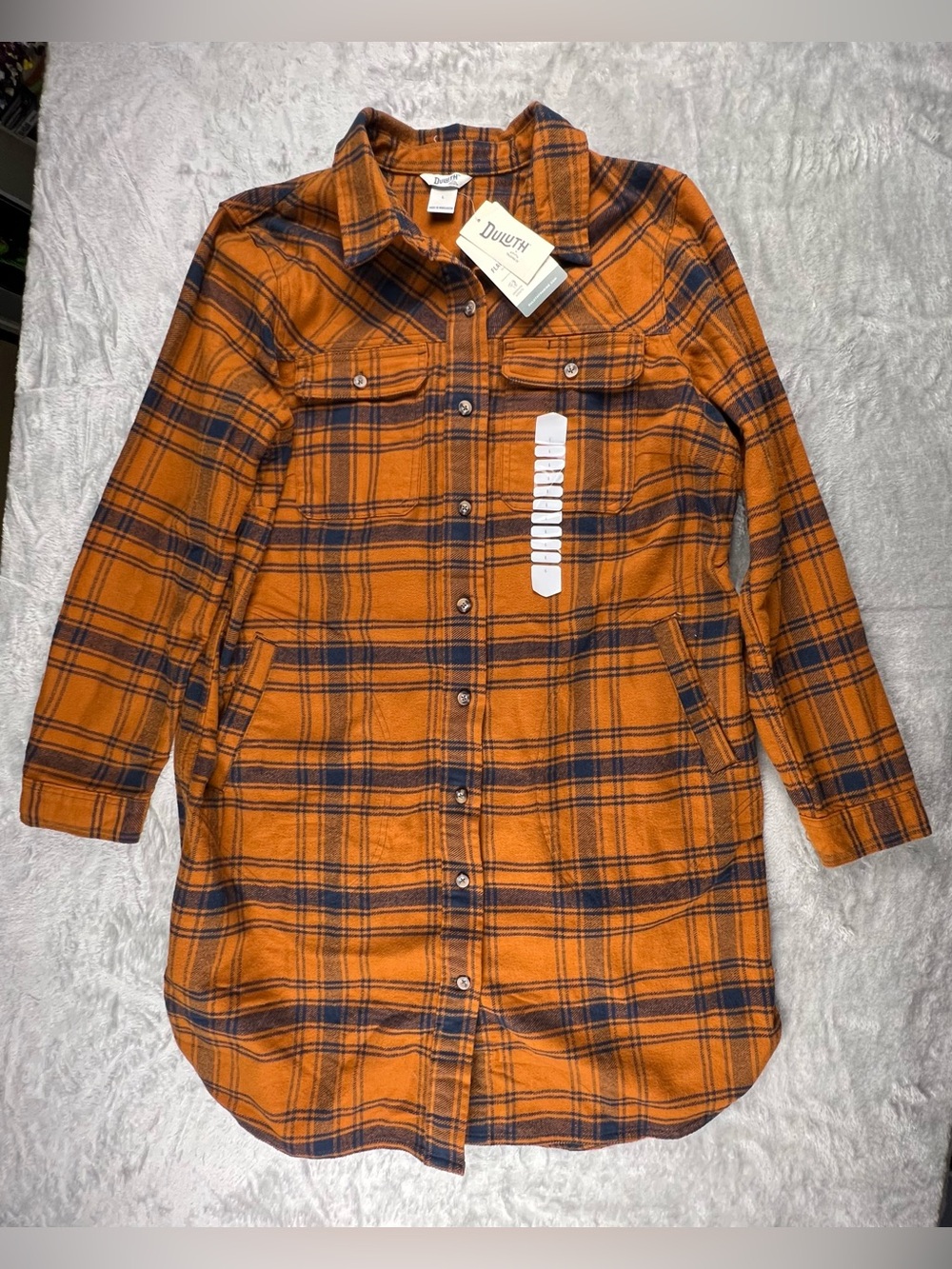 Duluth Trading Co. Plaid Folklore Flannel Duster Womens Large Orange Button Up